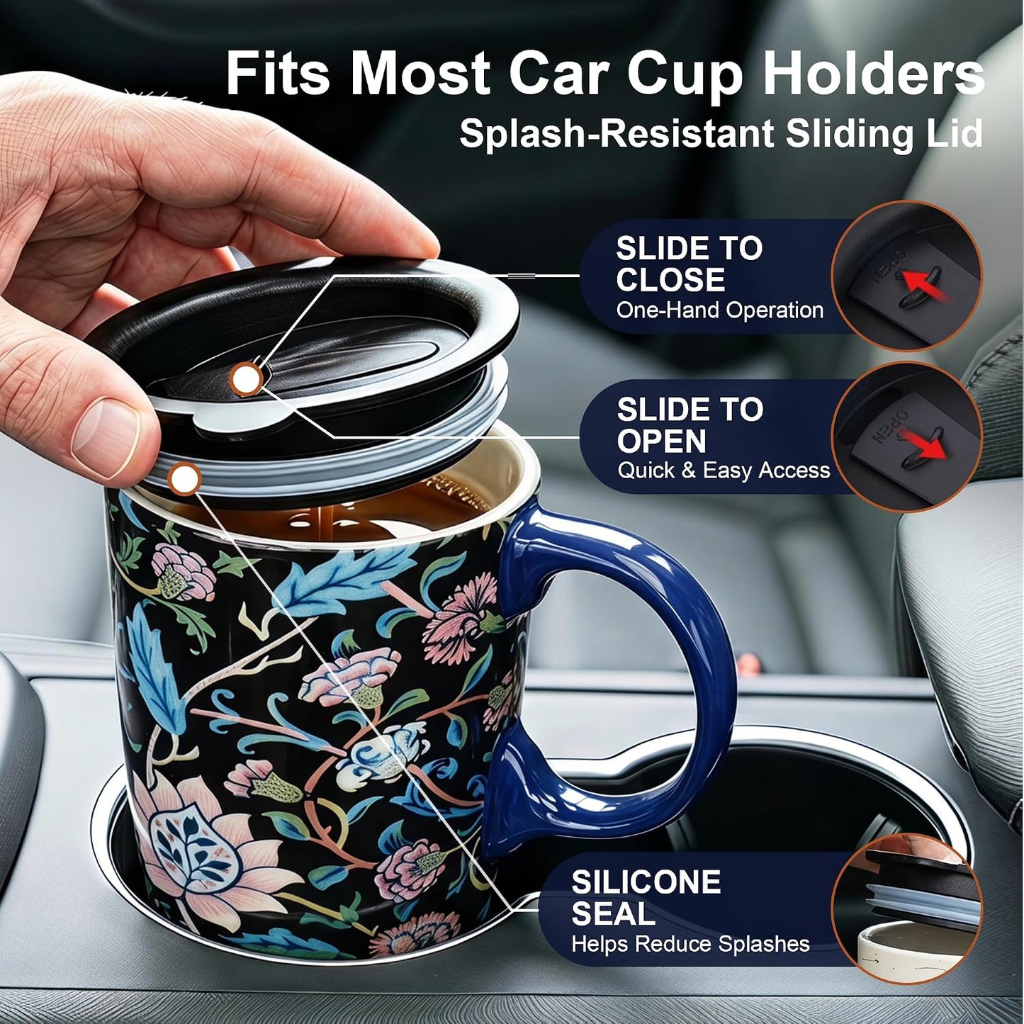 17oz Ceramic Travel Mug with Lid, Art Nouveau Floral Coffee Mug | Vintage Blue Botanical Latte Cup, Microwave & Dishwasher Safe Gift Mug for Home Office Commute
