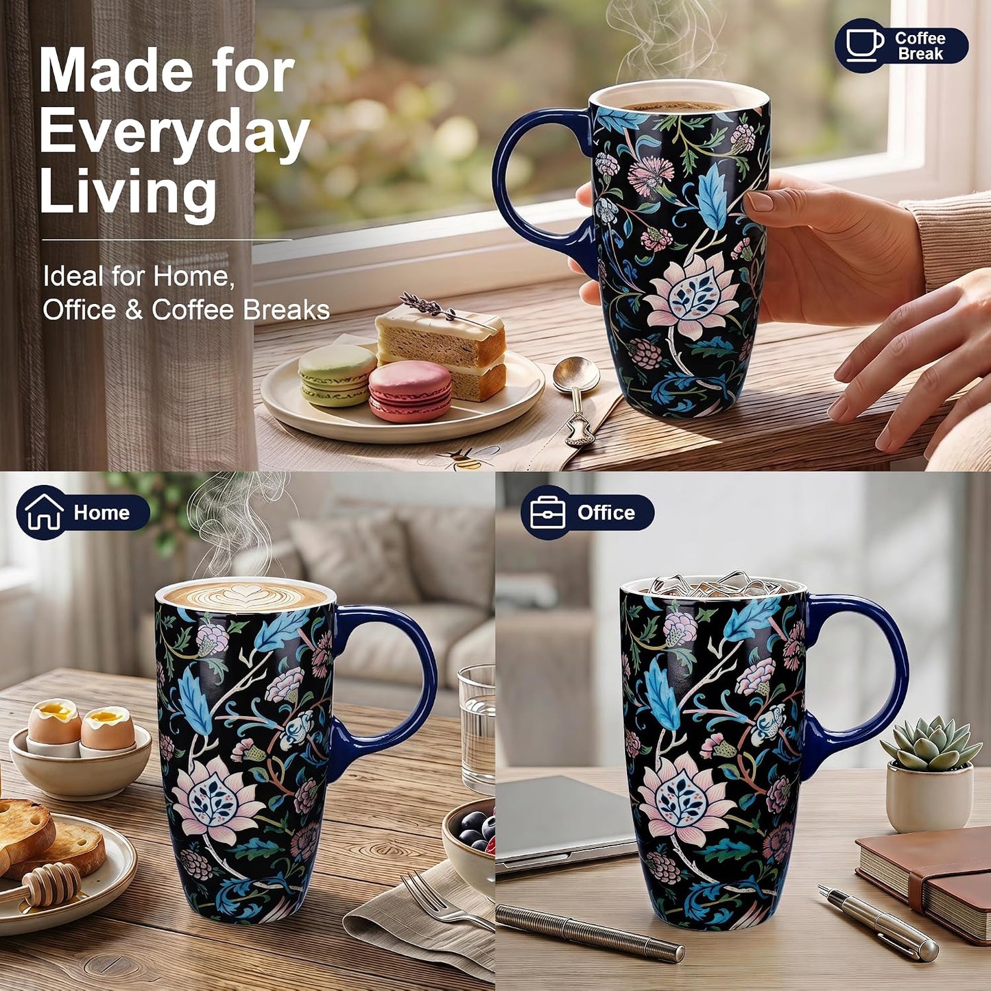 17oz Ceramic Travel Mug with Lid, Art Nouveau Floral Coffee Mug | Vintage Blue Botanical Latte Cup, Microwave & Dishwasher Safe Gift Mug for Home Office Commute