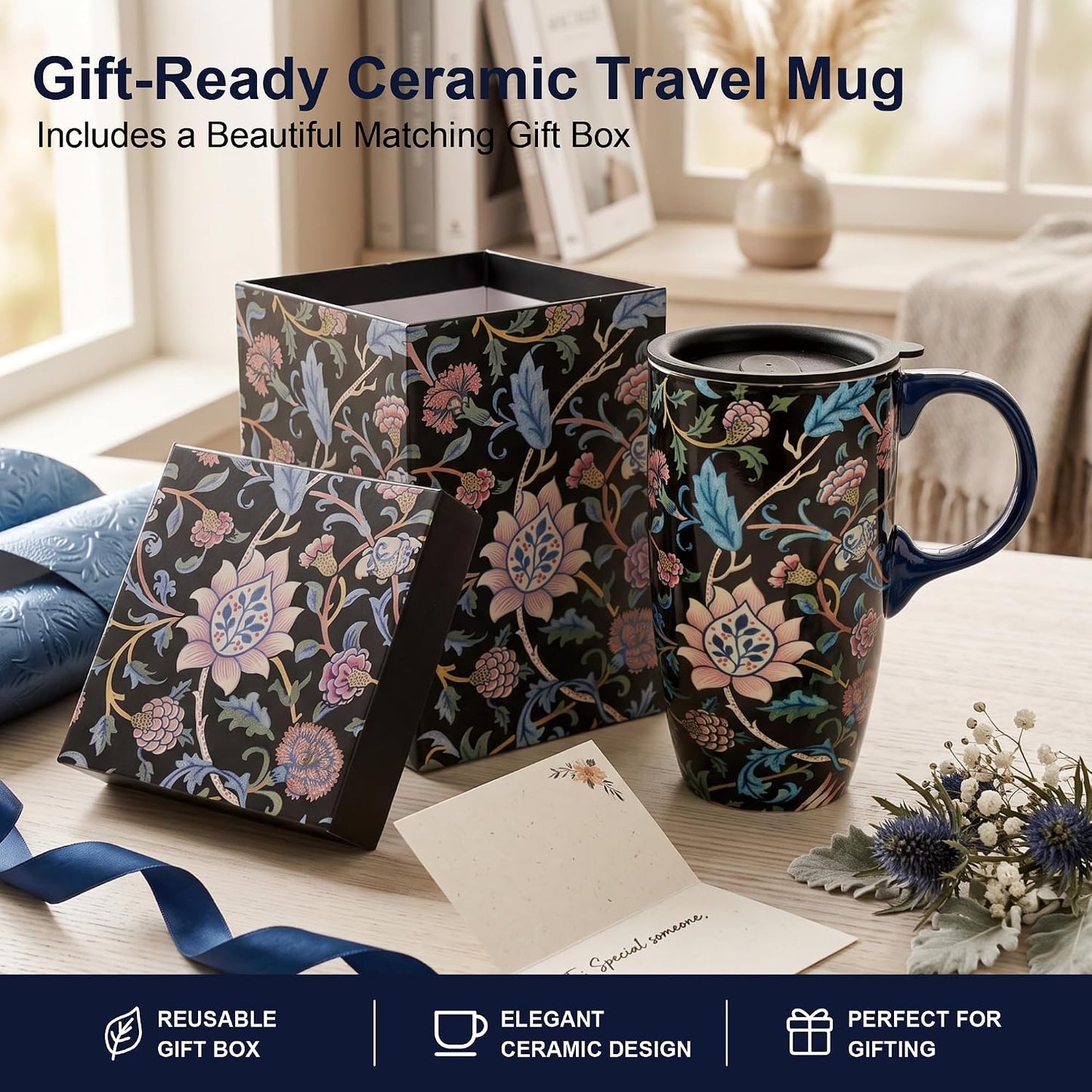 17oz Ceramic Travel Mug with Lid, Art Nouveau Floral Coffee Mug | Vintage Blue Botanical Latte Cup, Microwave & Dishwasher Safe Gift Mug for Home Office Commute