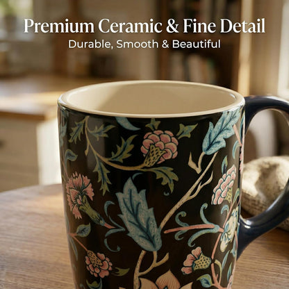 17oz Ceramic Travel Mug with Lid, Art Nouveau Floral Coffee Mug | Vintage Blue Botanical Latte Cup, Microwave & Dishwasher Safe Gift Mug for Home Office Commute