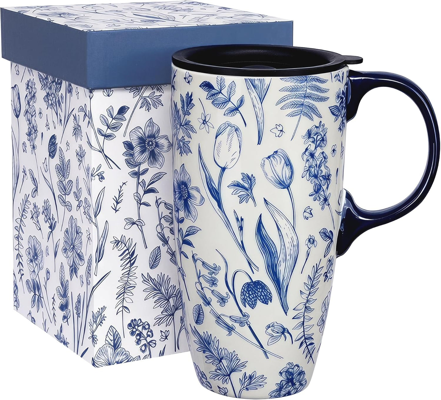 17oz Ceramic Travel Mug with Lid, Art Nouveau Floral Coffee Mug | Vintage Blue Botanical Latte Cup, Microwave & Dishwasher Safe Gift Mug for Home Office Commute