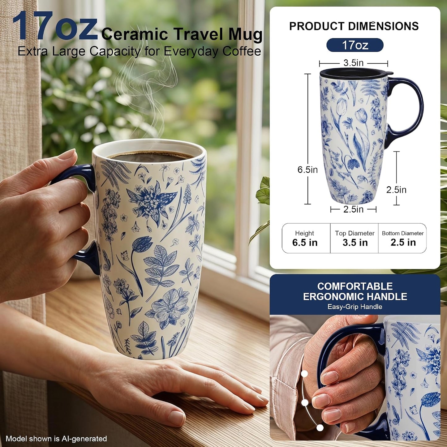 17oz Ceramic Travel Mug with Lid, Art Nouveau Floral Coffee Mug | Vintage Blue Botanical Latte Cup, Microwave & Dishwasher Safe Gift Mug for Home Office Commute