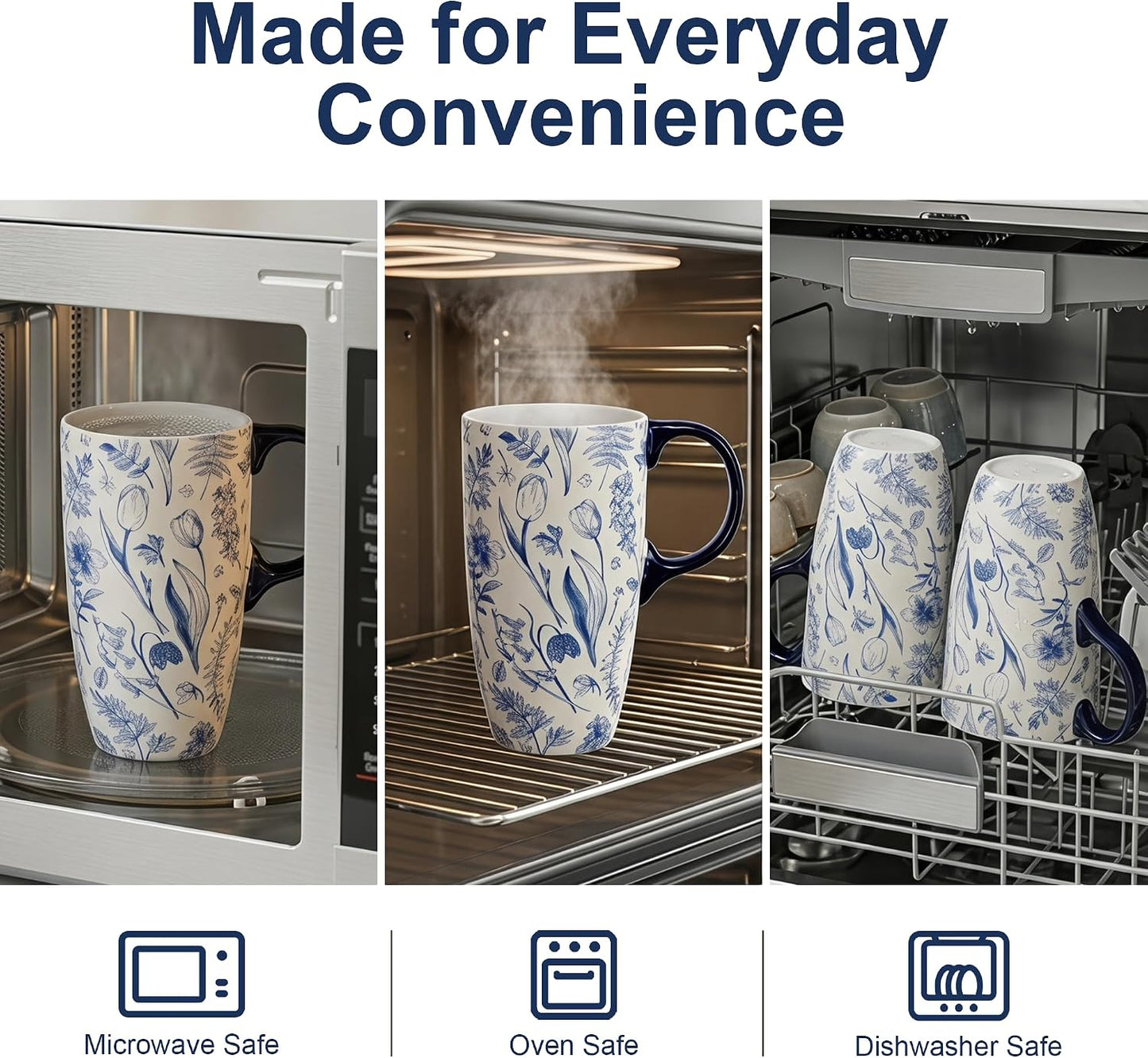 17oz Ceramic Travel Mug with Lid, Art Nouveau Floral Coffee Mug | Vintage Blue Botanical Latte Cup, Microwave & Dishwasher Safe Gift Mug for Home Office Commute