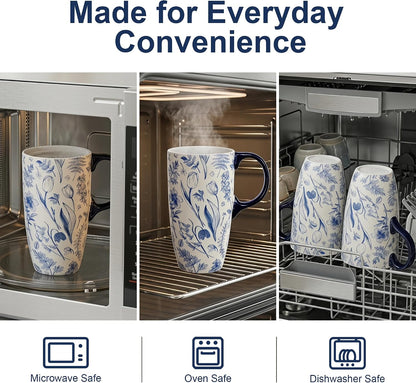 17oz Ceramic Travel Mug with Lid, Art Nouveau Floral Coffee Mug | Vintage Blue Botanical Latte Cup, Microwave & Dishwasher Safe Gift Mug for Home Office Commute