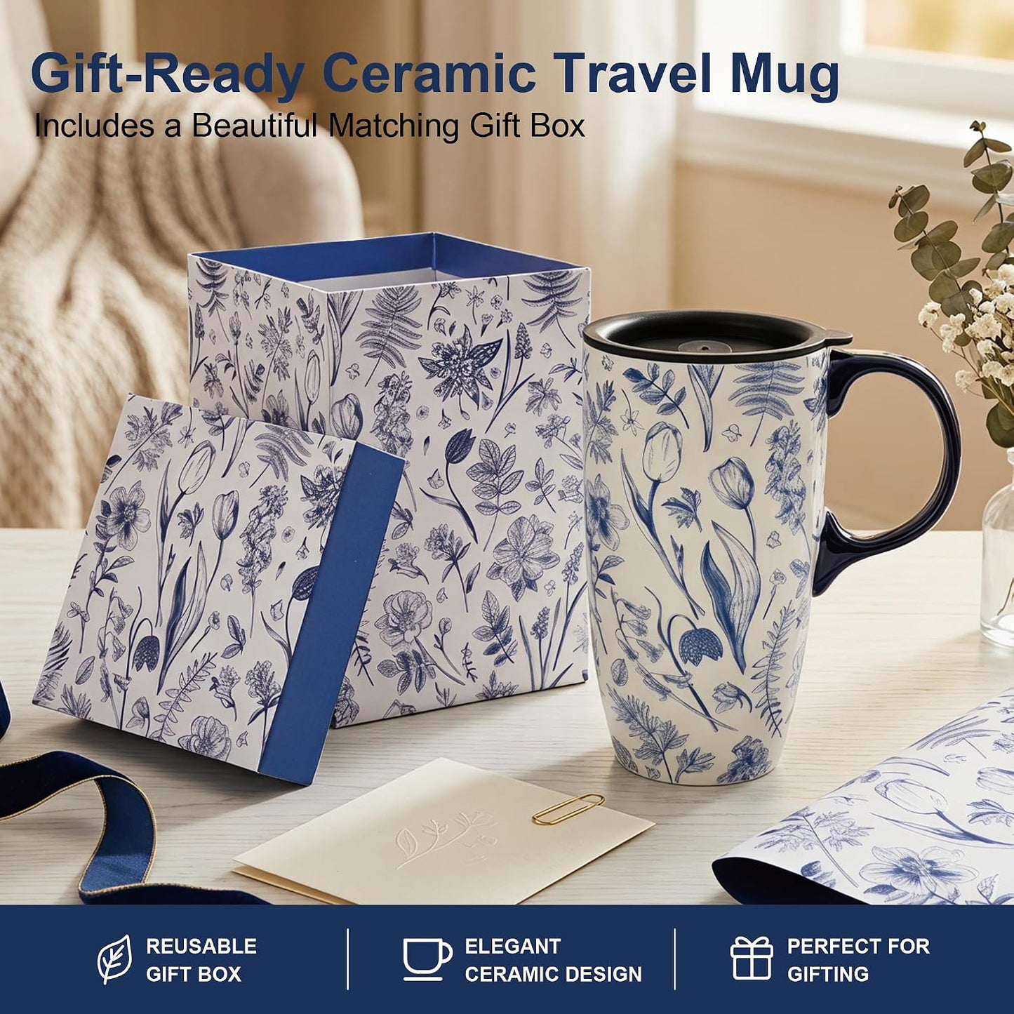 17oz Ceramic Travel Mug with Lid, Art Nouveau Floral Coffee Mug | Vintage Blue Botanical Latte Cup, Microwave & Dishwasher Safe Gift Mug for Home Office Commute