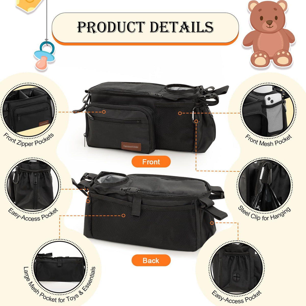 Stroller Organizer Bag with Insulated Cup Holder, Fits 14–19 in Handles