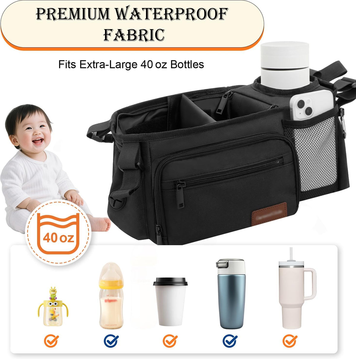 Stroller Organizer Bag with Insulated Cup Holder, Fits 14–19 in Handles