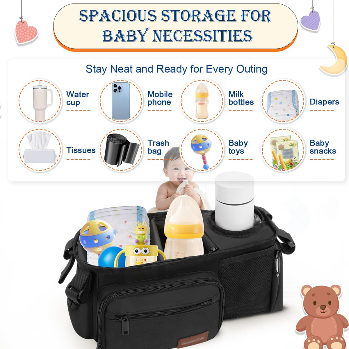 Stroller Organizer Bag with Insulated Cup Holder, Fits 14–19 in Handles