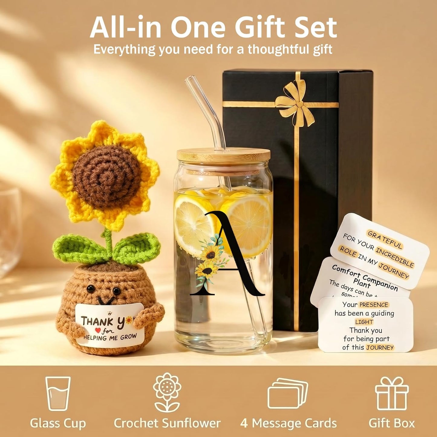 2 in 1 Personalized Glass Drinking Cup and Emotional Support Crochet Office Desk Decor Sunflower Lover Gift Paraprofessional Friend Co Appreciation Worker Easter Friendship Women Birthday Present M