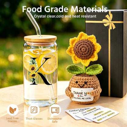 2 in 1 Personalized Glass Drinking Cup and Emotional Support Crochet Office Desk Decor Sunflower Lover Gift Paraprofessional Friend Co Appreciation Worker Easter Friendship Women Birthday Present M