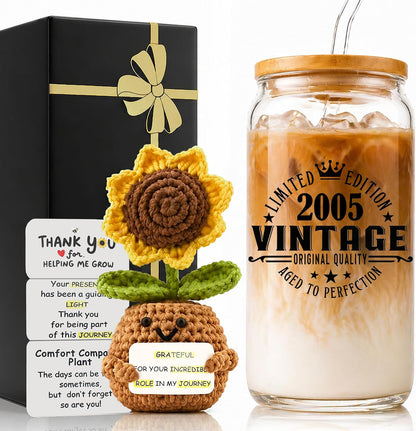 2 in 1 Personalized Glass Drinking Cup and Emotional Support Crochet Office Desk Decor Sunflower Lover Gift Paraprofessional Friend Co Appreciation Worker Easter Friendship Women Birthday Present M
