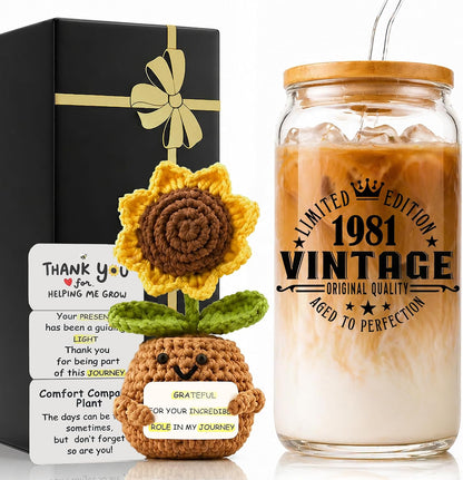 2 in 1 Personalized Glass Drinking Cup and Emotional Support Crochet Office Desk Decor Sunflower Lover Gift Paraprofessional Friend Co Appreciation Worker Easter Friendship Women Birthday Present M