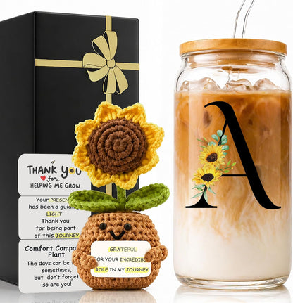 2 in 1 Personalized Glass Drinking Cup and Emotional Support Crochet Office Desk Decor Sunflower Lover Gift Paraprofessional Friend Co Appreciation Worker Easter Friendship Women Birthday Present M