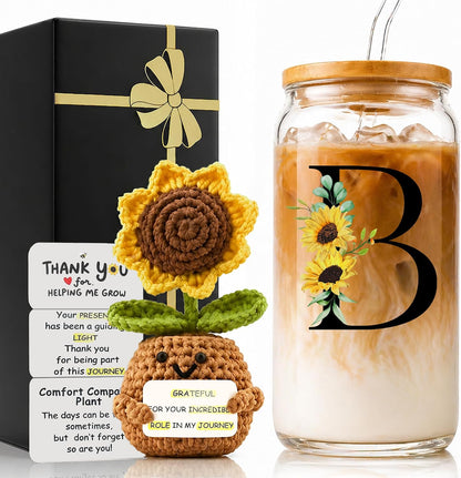 2 in 1 Personalized Glass Drinking Cup and Emotional Support Crochet Office Desk Decor Sunflower Lover Gift Paraprofessional Friend Co Appreciation Worker Easter Friendship Women Birthday Present M