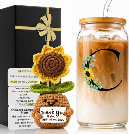 2 in 1 Personalized Glass Drinking Cup and Emotional Support Crochet Office Desk Decor Sunflower Lover Gift Paraprofessional Friend Co Appreciation Worker Easter Friendship Women Birthday Present M