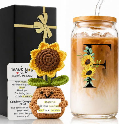 2 in 1 Personalized Glass Drinking Cup and Emotional Support Crochet Office Desk Decor Sunflower Lover Gift Paraprofessional Friend Co Appreciation Worker Easter Friendship Women Birthday Present M
