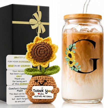 2 in 1 Personalized Glass Drinking Cup and Emotional Support Crochet Office Desk Decor Sunflower Lover Gift Paraprofessional Friend Co Appreciation Worker Easter Friendship Women Birthday Present M