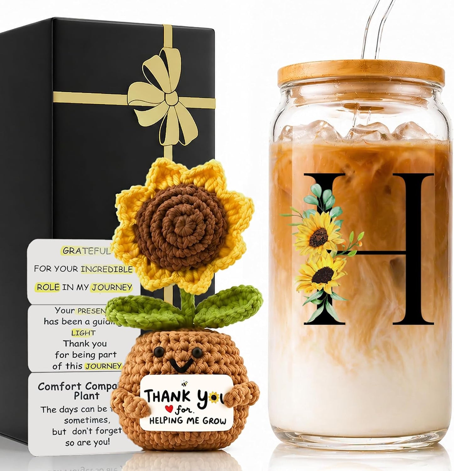 2 in 1 Personalized Glass Drinking Cup and Emotional Support Crochet Office Desk Decor Sunflower Lover Gift Paraprofessional Friend Co Appreciation Worker Easter Friendship Women Birthday Present M