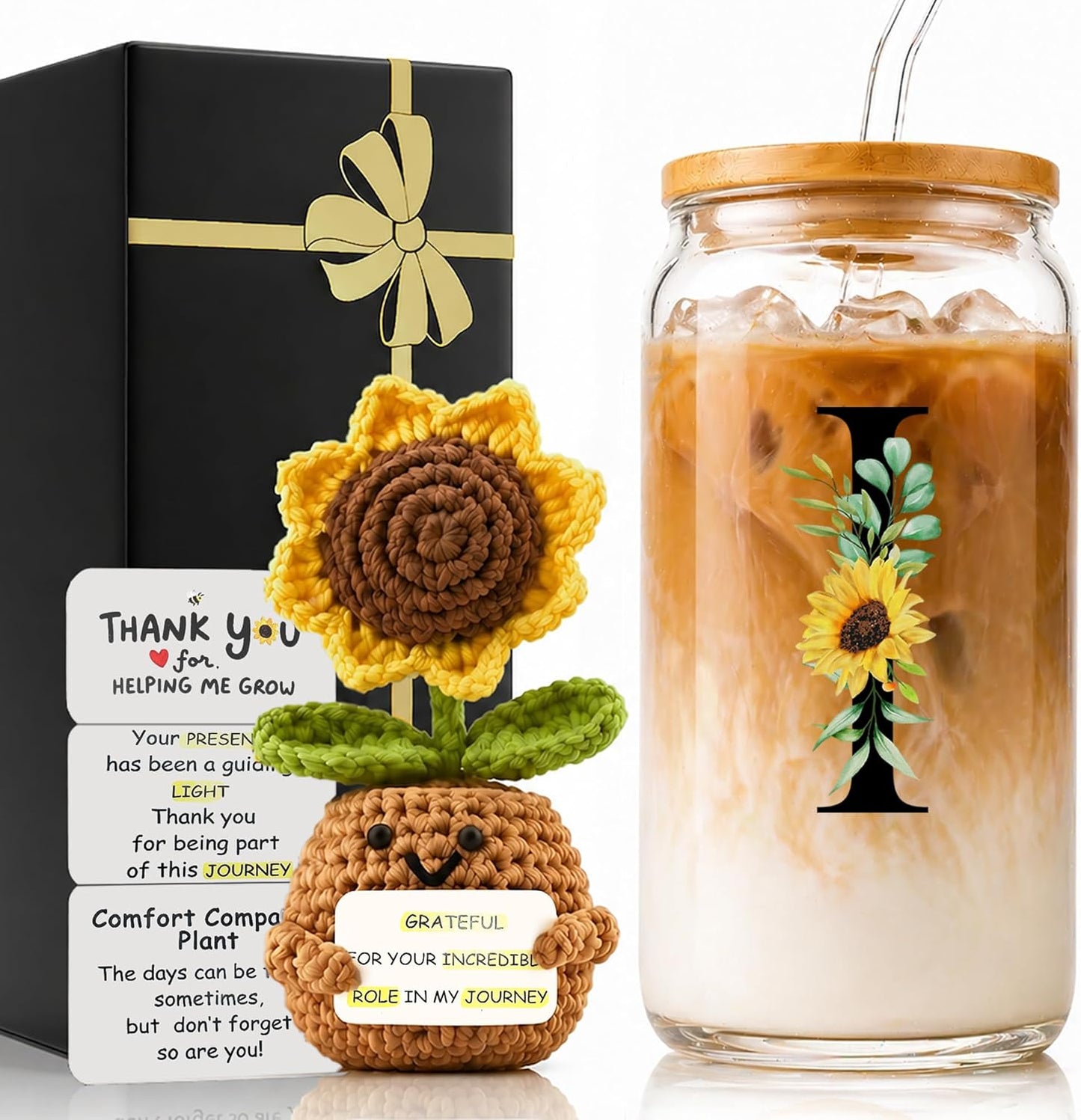 2 in 1 Personalized Glass Drinking Cup and Emotional Support Crochet Office Desk Decor Sunflower Lover Gift Paraprofessional Friend Co Appreciation Worker Easter Friendship Women Birthday Present M