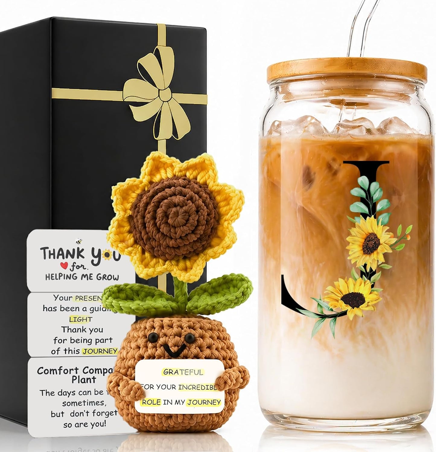 2 in 1 Personalized Glass Drinking Cup and Emotional Support Crochet Office Desk Decor Sunflower Lover Gift Paraprofessional Friend Co Appreciation Worker Easter Friendship Women Birthday Present M