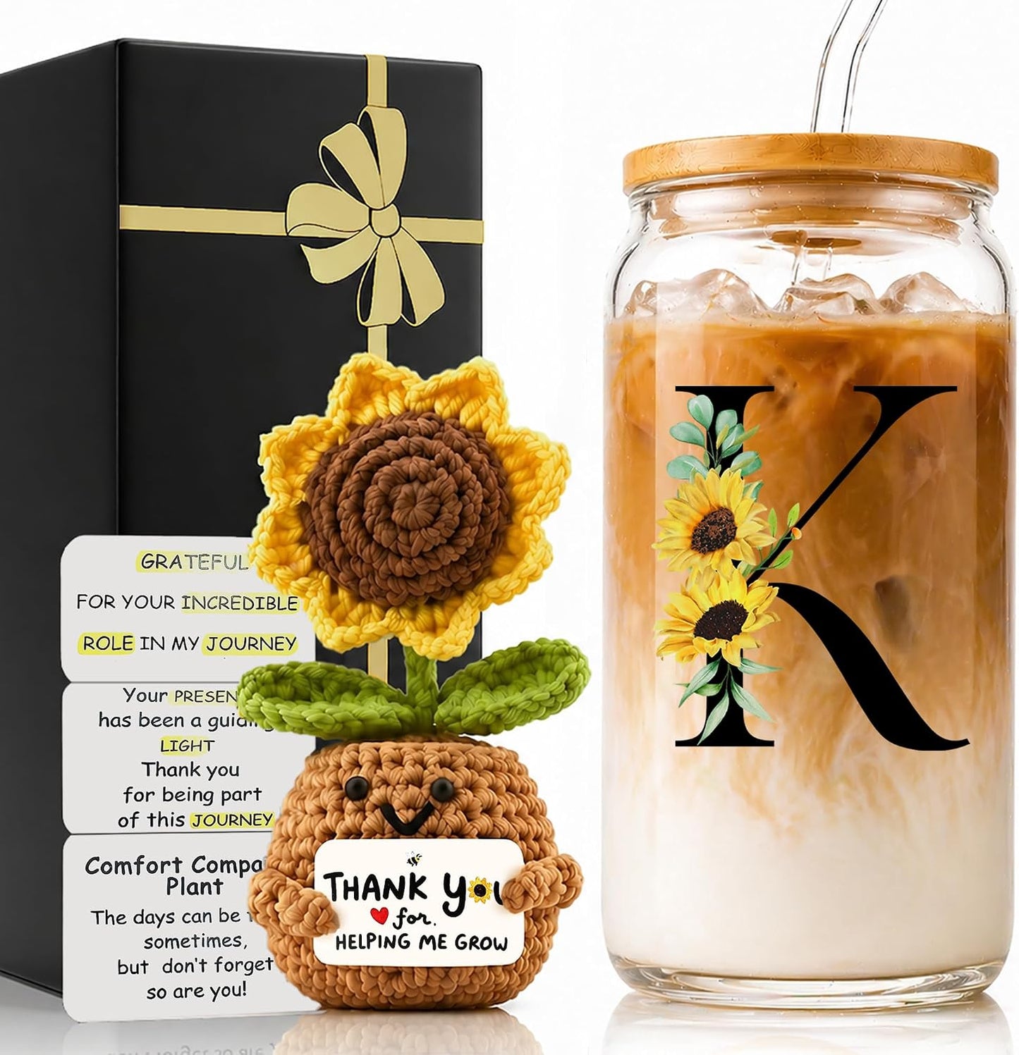 2 in 1 Personalized Glass Drinking Cup and Emotional Support Crochet Office Desk Decor Sunflower Lover Gift Paraprofessional Friend Co Appreciation Worker Easter Friendship Women Birthday Present M