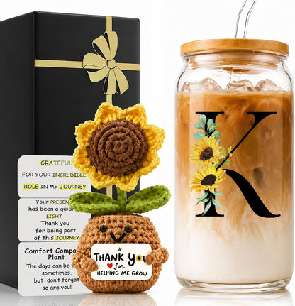 2 in 1 Personalized Glass Drinking Cup and Emotional Support Crochet Office Desk Decor Sunflower Lover Gift Paraprofessional Friend Co Appreciation Worker Easter Friendship Women Birthday Present M