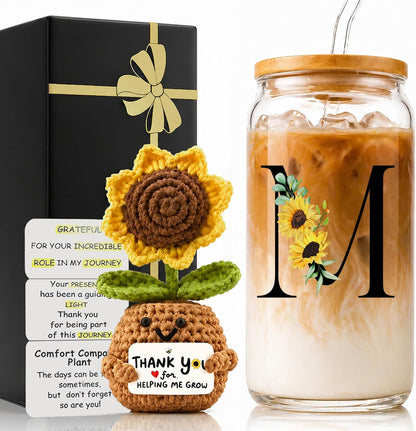 2 in 1 Personalized Glass Drinking Cup and Emotional Support Crochet Office Desk Decor Sunflower Lover Gift Paraprofessional Friend Co Appreciation Worker Easter Friendship Women Birthday Present M
