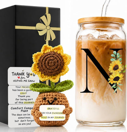 2 in 1 Personalized Glass Drinking Cup and Emotional Support Crochet Office Desk Decor Sunflower Lover Gift Paraprofessional Friend Co Appreciation Worker Easter Friendship Women Birthday Present M