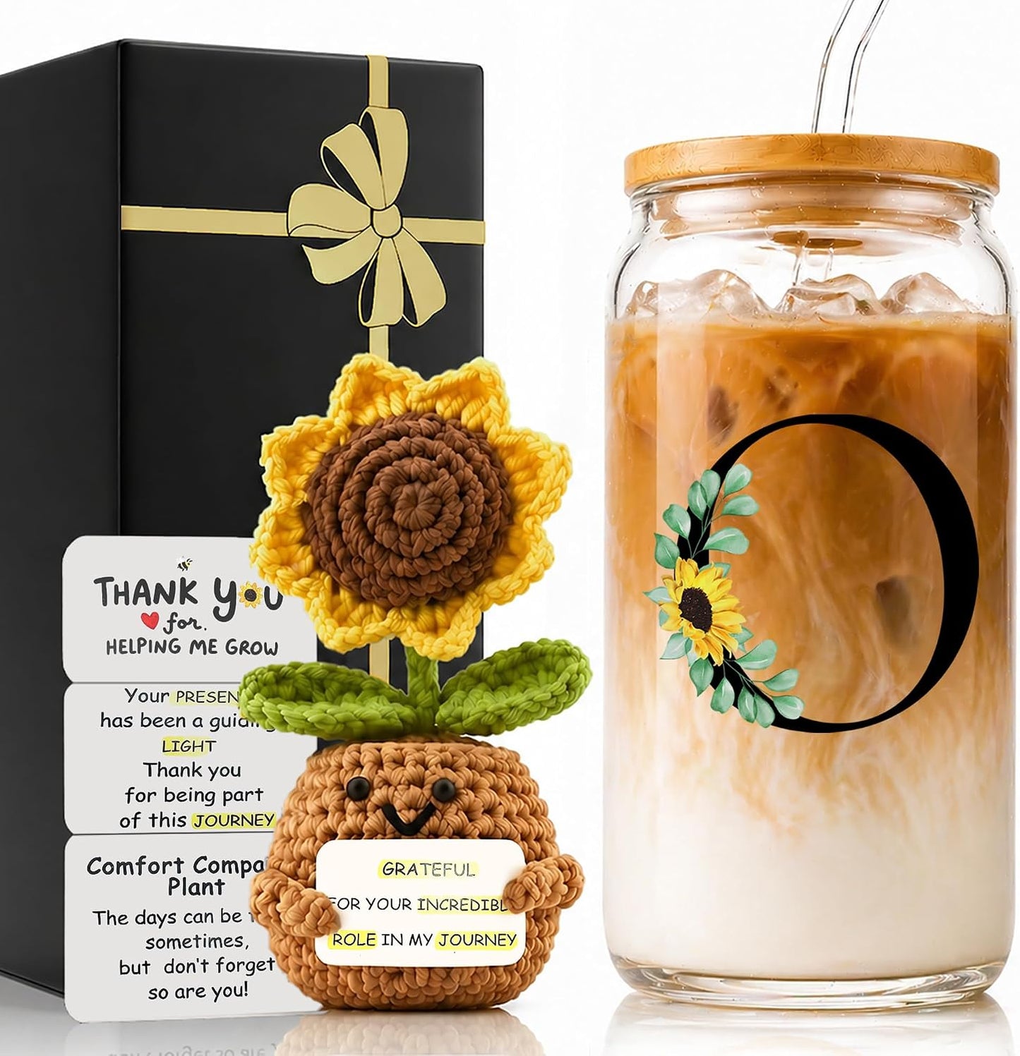 2 in 1 Personalized Glass Drinking Cup and Emotional Support Crochet Office Desk Decor Sunflower Lover Gift Paraprofessional Friend Co Appreciation Worker Easter Friendship Women Birthday Present M