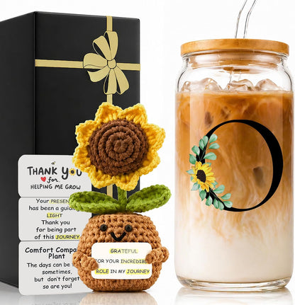2 in 1 Personalized Glass Drinking Cup and Emotional Support Crochet Office Desk Decor Sunflower Lover Gift Paraprofessional Friend Co Appreciation Worker Easter Friendship Women Birthday Present M