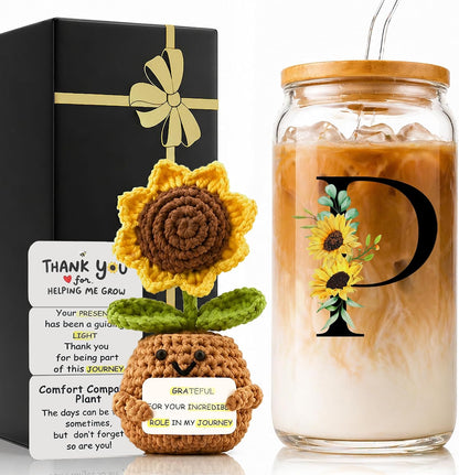 2 in 1 Personalized Glass Drinking Cup and Emotional Support Crochet Office Desk Decor Sunflower Lover Gift Paraprofessional Friend Co Appreciation Worker Easter Friendship Women Birthday Present M