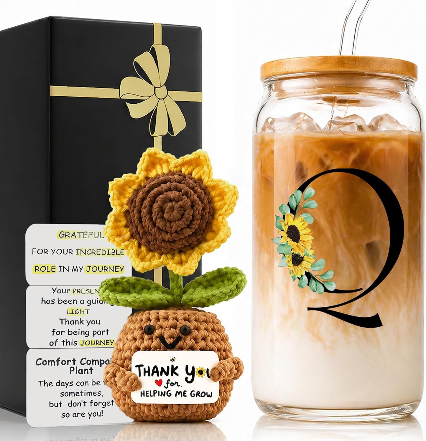 2 in 1 Personalized Glass Drinking Cup and Emotional Support Crochet Office Desk Decor Sunflower Lover Gift Paraprofessional Friend Co Appreciation Worker Easter Friendship Women Birthday Present M