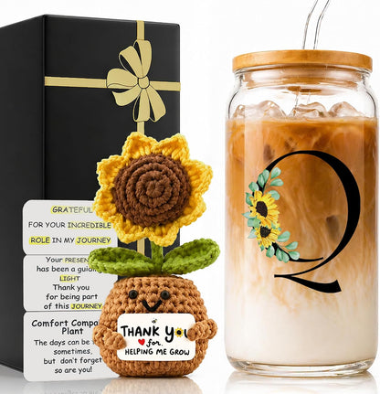 2 in 1 Personalized Glass Drinking Cup and Emotional Support Crochet Office Desk Decor Sunflower Lover Gift Paraprofessional Friend Co Appreciation Worker Easter Friendship Women Birthday Present M
