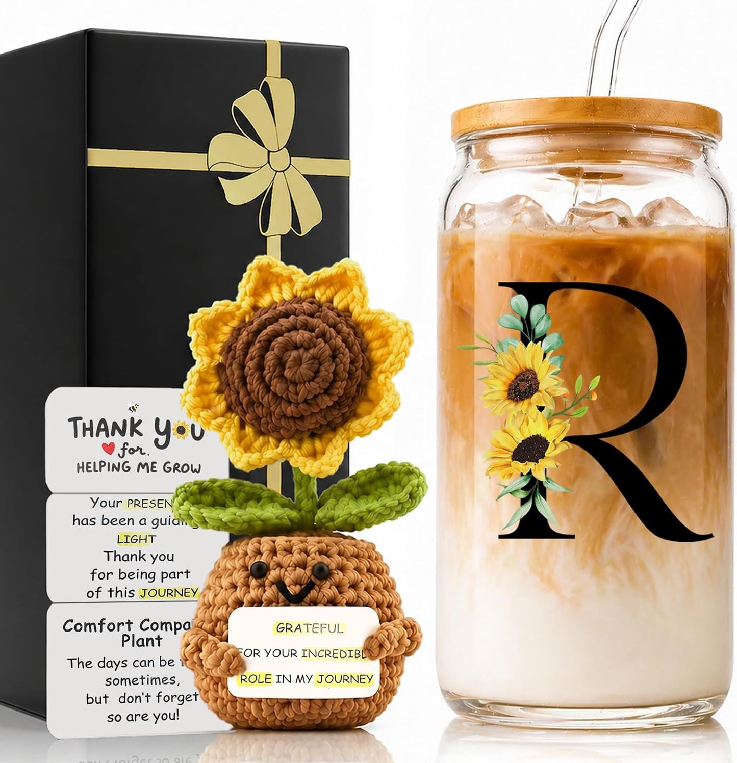 2 in 1 Personalized Glass Drinking Cup and Emotional Support Crochet Office Desk Decor Sunflower Lover Gift Paraprofessional Friend Co Appreciation Worker Easter Friendship Women Birthday Present M