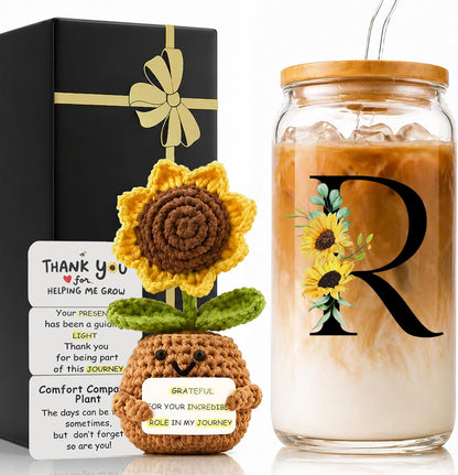2 in 1 Personalized Glass Drinking Cup and Emotional Support Crochet Office Desk Decor Sunflower Lover Gift Paraprofessional Friend Co Appreciation Worker Easter Friendship Women Birthday Present M