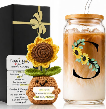 2 in 1 Personalized Glass Drinking Cup and Emotional Support Crochet Office Desk Decor Sunflower Lover Gift Paraprofessional Friend Co Appreciation Worker Easter Friendship Women Birthday Present M