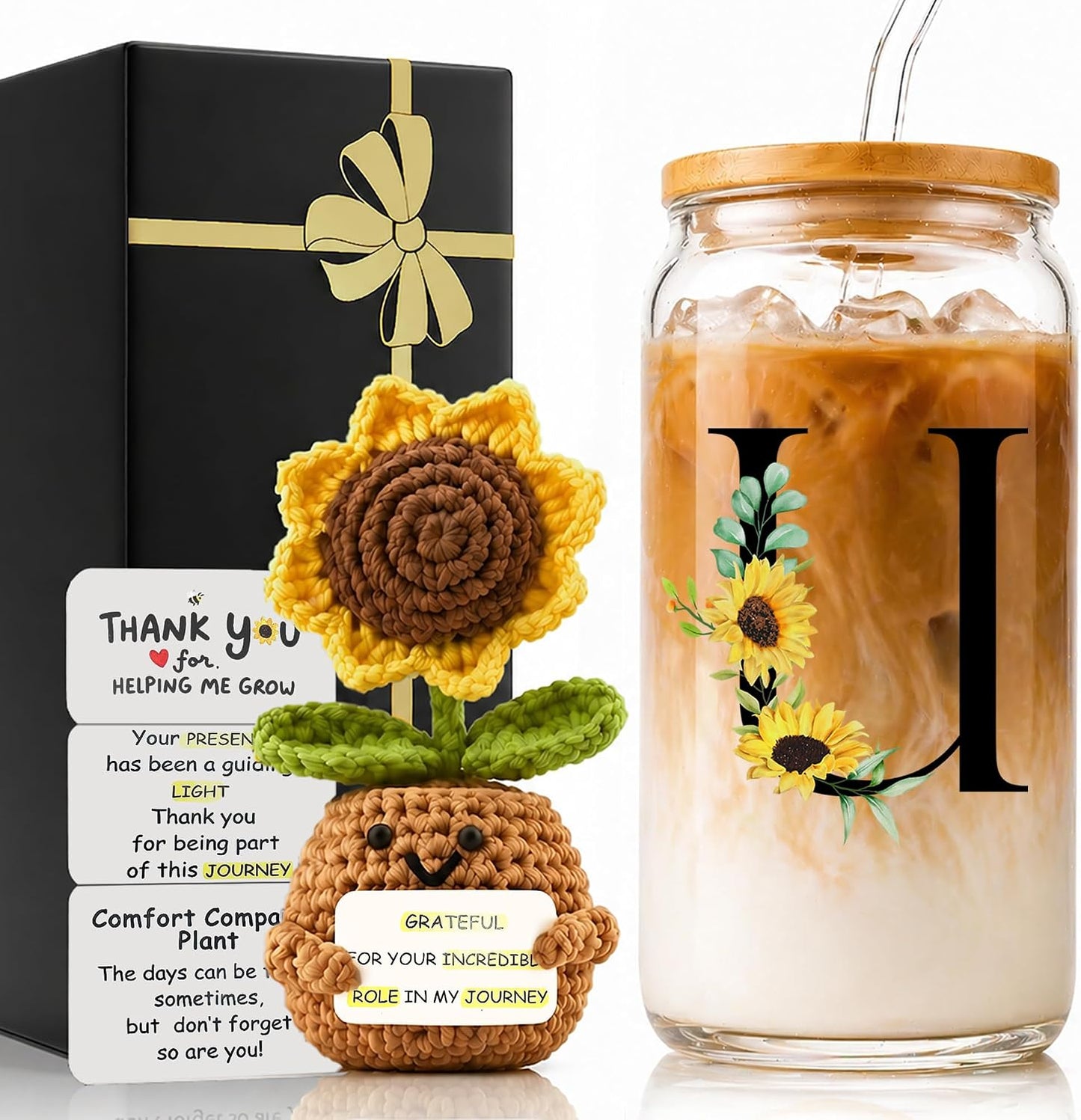 2 in 1 Personalized Glass Drinking Cup and Emotional Support Crochet Office Desk Decor Sunflower Lover Gift Paraprofessional Friend Co Appreciation Worker Easter Friendship Women Birthday Present M