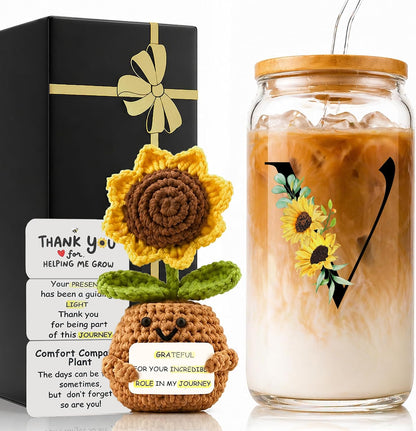 2 in 1 Personalized Glass Drinking Cup and Emotional Support Crochet Office Desk Decor Sunflower Lover Gift Paraprofessional Friend Co Appreciation Worker Easter Friendship Women Birthday Present M