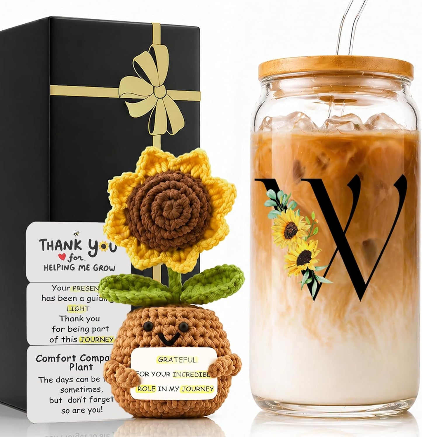 2 in 1 Personalized Glass Drinking Cup and Emotional Support Crochet Office Desk Decor Sunflower Lover Gift Paraprofessional Friend Co Appreciation Worker Easter Friendship Women Birthday Present M