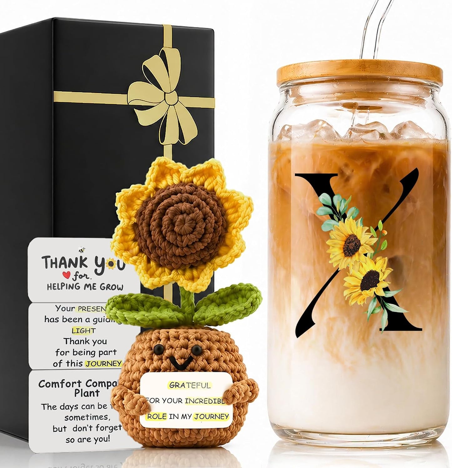 2 in 1 Personalized Glass Drinking Cup and Emotional Support Crochet Office Desk Decor Sunflower Lover Gift Paraprofessional Friend Co Appreciation Worker Easter Friendship Women Birthday Present M