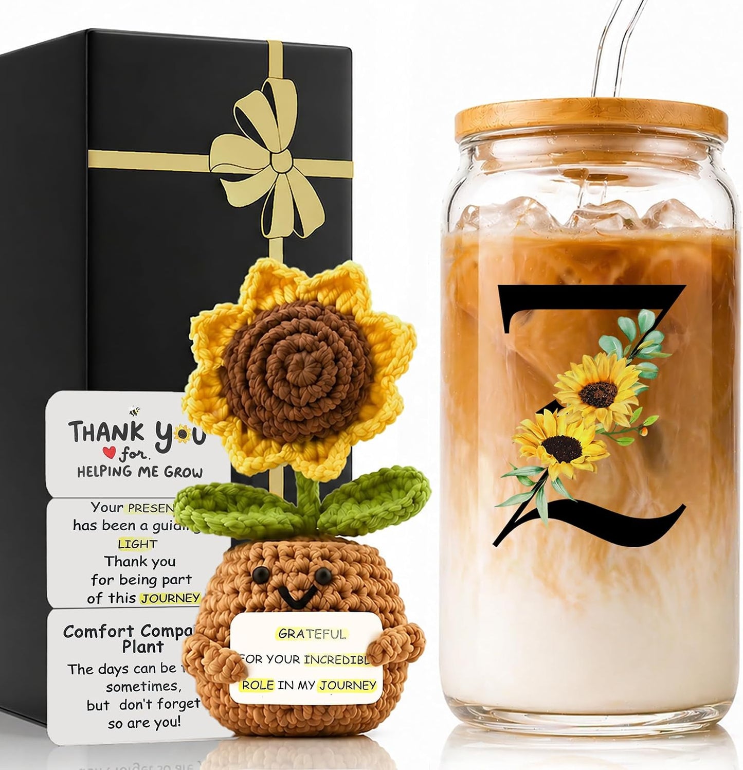 2 in 1 Personalized Glass Drinking Cup and Emotional Support Crochet Office Desk Decor Sunflower Lover Gift Paraprofessional Friend Co Appreciation Worker Easter Friendship Women Birthday Present M