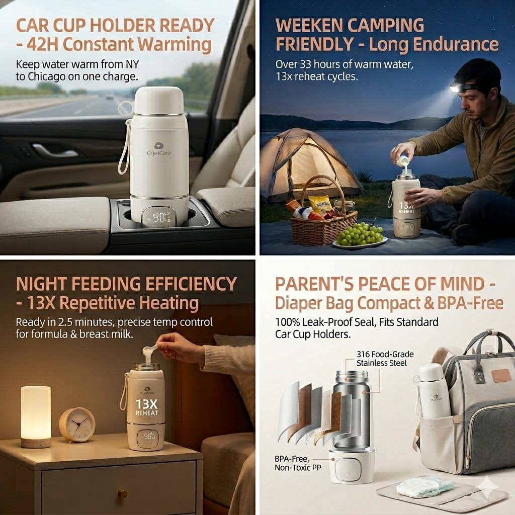 Portable Milk Warmer for Travel,Heating Modes for Breast Milk & Water, Portable Bottle Warmer with Fast Heating,16000mAh Long Battery Life for Baby on The Go,17 Oz for Travel