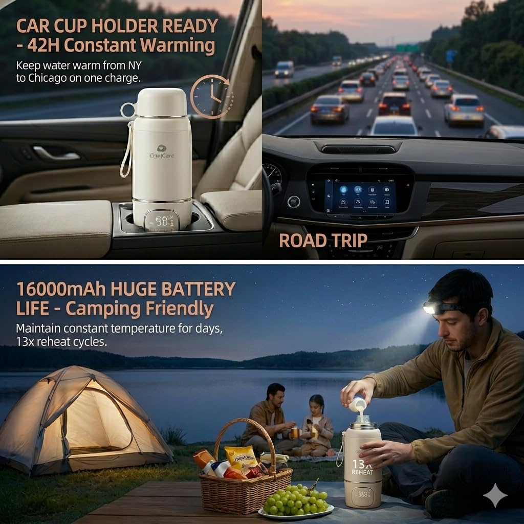 Portable Milk Warmer for Travel,Heating Modes for Breast Milk & Water, Portable Bottle Warmer with Fast Heating,16000mAh Long Battery Life for Baby on The Go,17 Oz for Travel