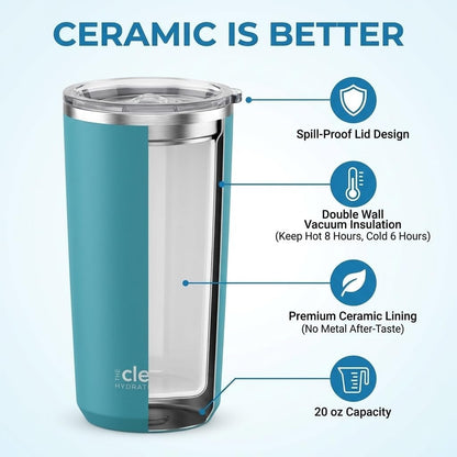 THE CLEAN HYDRATION CO. Insulated Ceramic Coated Tumbler 20 oz | Spill Proof Lid | Vacuum Insulated | Keeps Beverages Taste Intact, Aqua
