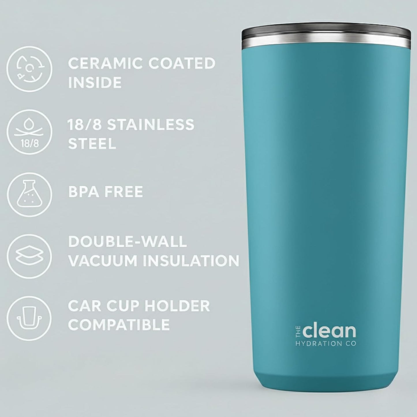 THE CLEAN HYDRATION CO. Insulated Ceramic Coated Tumbler 20 oz | Spill Proof Lid | Vacuum Insulated | Keeps Beverages Taste Intact, Aqua
