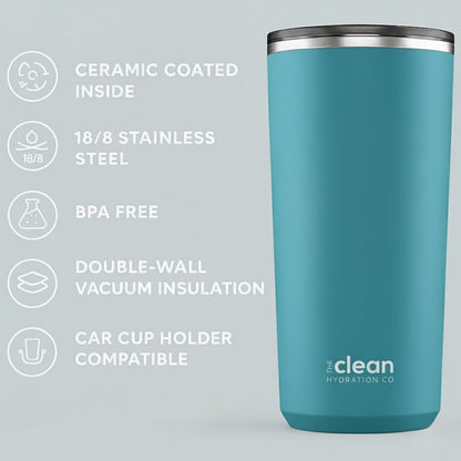 THE CLEAN HYDRATION CO. Insulated Ceramic Coated Tumbler 20 oz | Spill Proof Lid | Vacuum Insulated | Keeps Beverages Taste Intact, Aqua