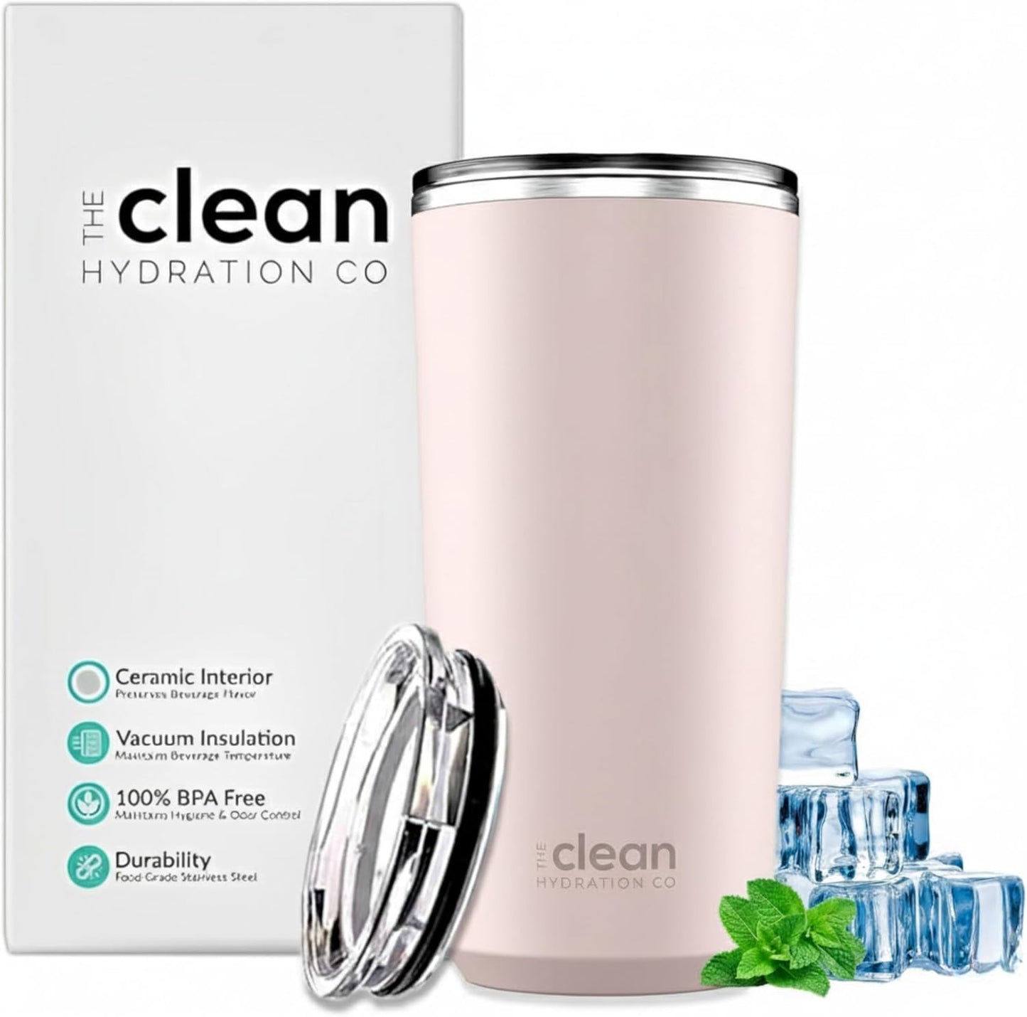 THE CLEAN HYDRATION CO. Insulated Ceramic Coated Tumbler 20 oz | Spill Proof Lid | Vacuum Insulated | Keeps Beverages Taste Intact, Aqua