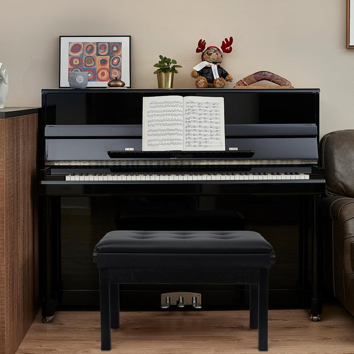 Adjustable Double/Duet Piano Bench,Solid Wood Piano Chair,Waterproof Piano Seat with Storage for Music Books & Leather Cushion,Heavy Duty Piano Stool for Keyboard Piano