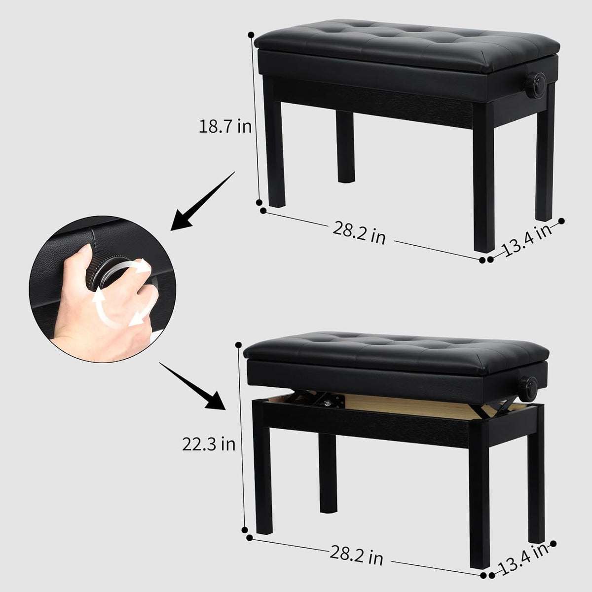 Adjustable Double/Duet Piano Bench,Solid Wood Piano Chair,Waterproof Piano Seat with Storage for Music Books & Leather Cushion,Heavy Duty Piano Stool for Keyboard Piano