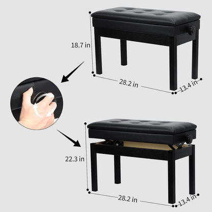 Adjustable Double/Duet Piano Bench,Solid Wood Piano Chair,Waterproof Piano Seat with Storage for Music Books & Leather Cushion,Heavy Duty Piano Stool for Keyboard Piano